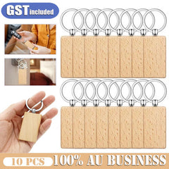 10Pcs Blank Rectangle Wooden Key Chain DIY Wood Keyrings Key Tags Friends Gifts