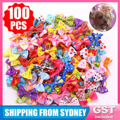100PCS Pet Small Dog Hair Bows Rubber Bands Puppy Cat Grooming Accessory Set AU