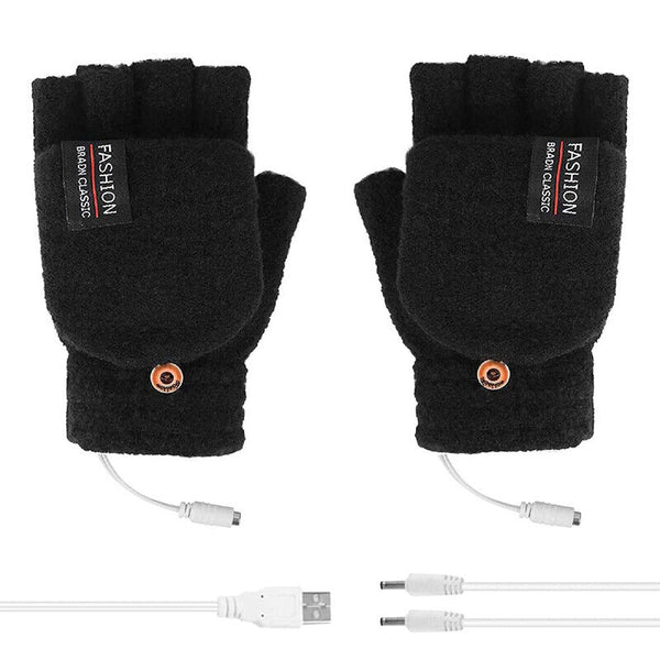 Winter Electric Rechargeable Mitten Heated Gloves Half Finger W/Hat USB Knitted
