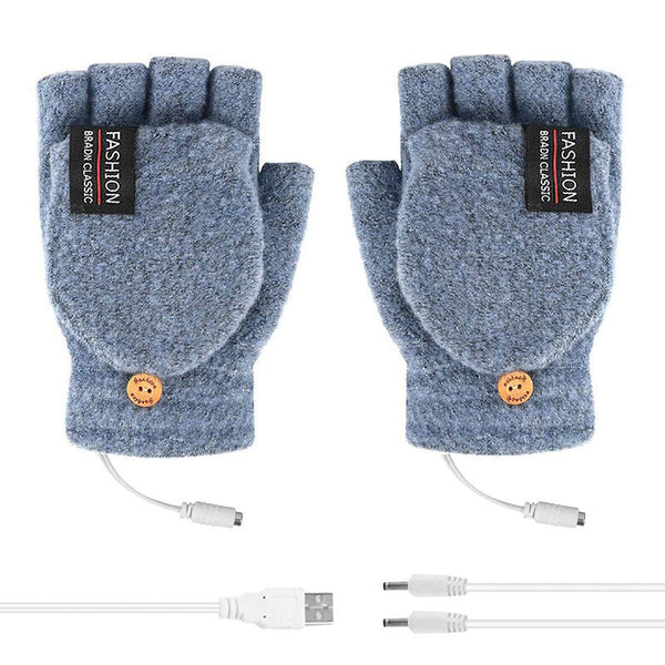 Winter Electric Rechargeable Mitten Heated Gloves Half Finger W/Hat USB Knitted