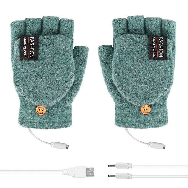 Winter Electric Rechargeable Mitten Heated Gloves Half Finger W/Hat USB Knitted