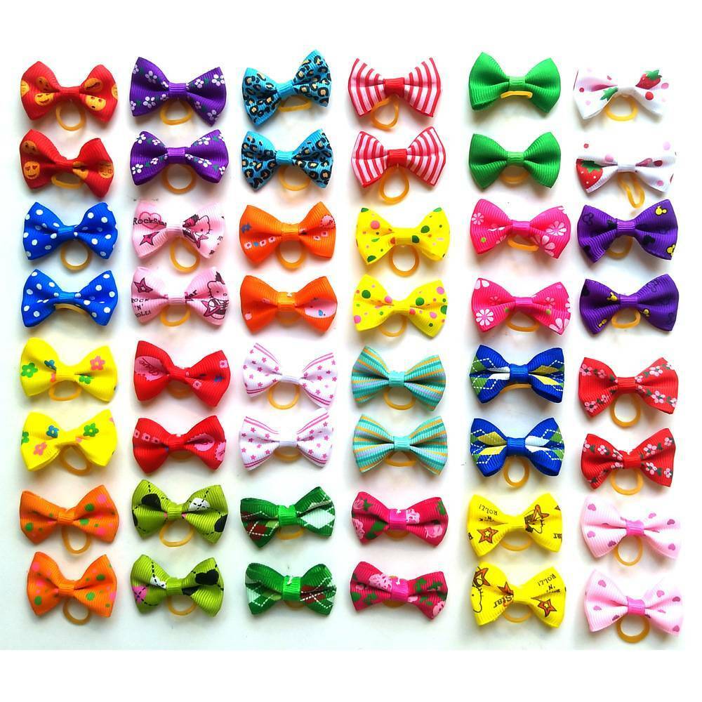 UP TO 100 Pcs Mixed Pet Small Dog Hair Bows Rubber Bands Puppy Cat Grooming Deco
