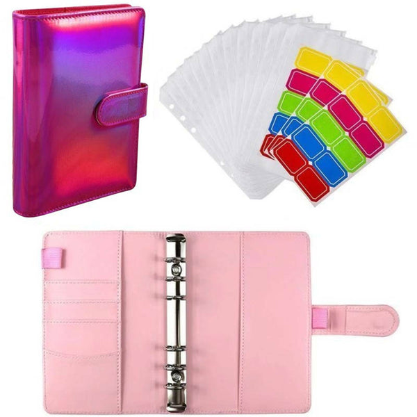 A6 PU Laser Leather Notebook Binder Budget Planner Organizer Cash Binder Pockets