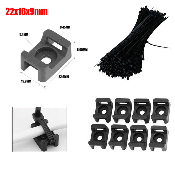 200x Cable Zip Ties and Base Mount Kit Screw Fixing Wire Holder Organizer Black