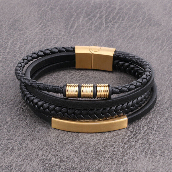 Men's Stainless Steel Leather Bracelet Multilayer Braided Cuff Magnetic ClaspAU