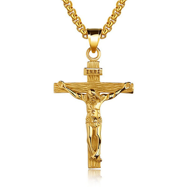 Men Stainless Steel Gold Silver Old Gold Jesus Crucifix Pendant Chain Necklace
