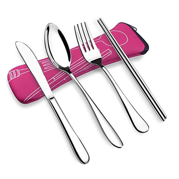 4Pcs Stainless Steel Cutlery Set Knife Fork Spoon Chopsticks With Portable Bag - Lets Party