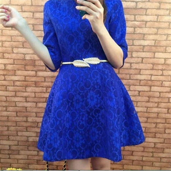 Women Gold Silver Leaf Belt Elastic Metal Stretch Buckle Skinny Waist Dress Belt - Lets Party