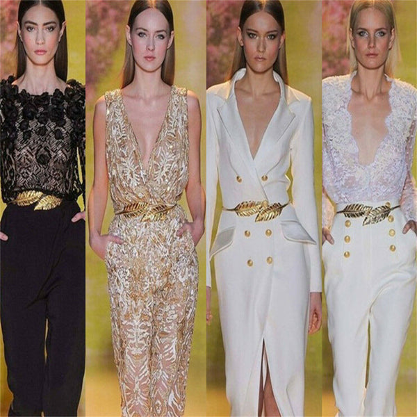 Women Gold Silver Leaf Belt Elastic Metal Stretch Buckle Skinny Waist Dress Belt - Lets Party