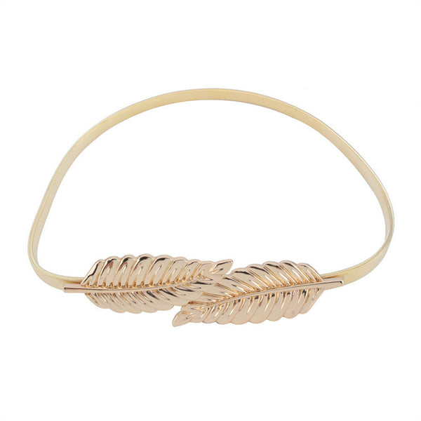 Women Gold Silver Leaf Belt Elastic Metal Stretch Buckle Skinny Waist Dress Belt - Lets Party