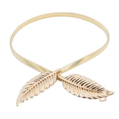 Women Gold Silver Leaf Belt Elastic Metal Stretch Buckle Skinny Waist Dress Belt