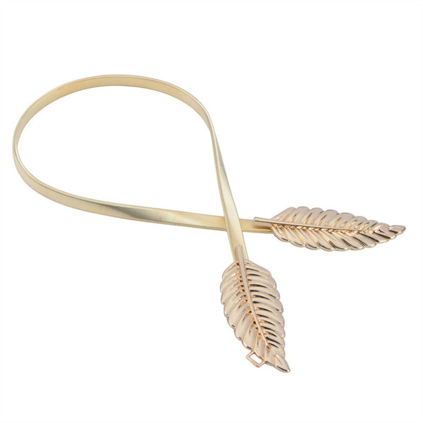 Women Gold Silver Leaf Belt Elastic Metal Stretch Buckle Skinny Waist Dress Belt - Lets Party