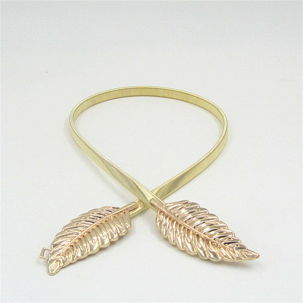 Women Gold Silver Leaf Belt Elastic Metal Stretch Buckle Skinny Waist Dress Belt - Lets Party