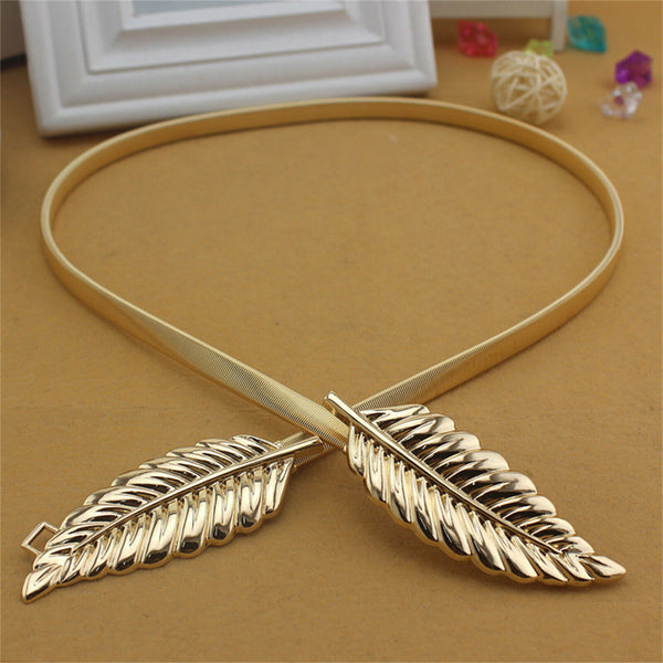 Women Gold Silver Leaf Belt Elastic Metal Stretch Buckle Skinny Waist Dress Belt - Lets Party