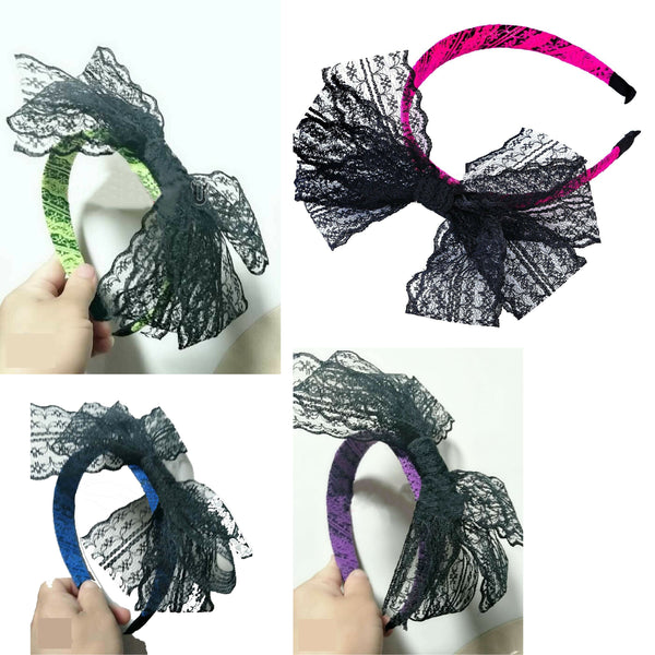 Ladies 80s Neon 1980s Retro Headband with Bow Blue Pink Purple Green Headbands - Lets Party