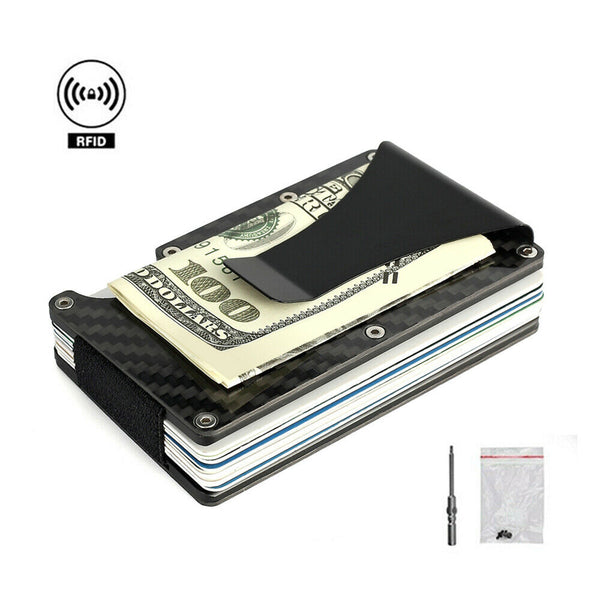 Men Slim Carbon Fiber Credit Card Holder RFID Blocking Metal Wallet Money Clip - Lets Party