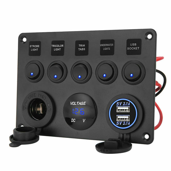 5 Gang 12V Switch Panel Control USB ON-OFF Rocker Toggle For Car Boat Marine New - Lets Party