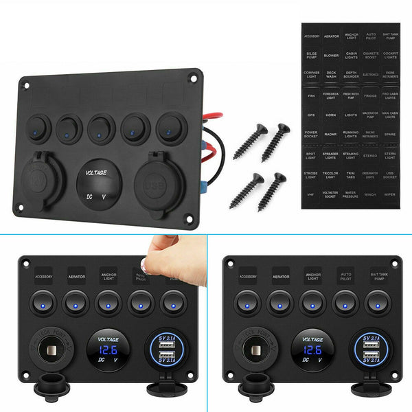 5 Gang 12V Switch Panel Control USB ON-OFF Rocker Toggle For Car Boat Marine New - Lets Party