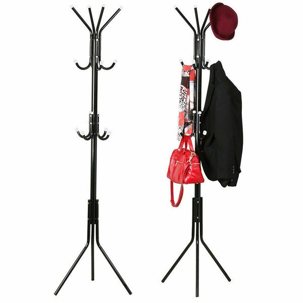 12 Hook Coat Hanger Stand 3-Tier Hat Clothes Rack Metal Tree Style Storage Black - Lets Party