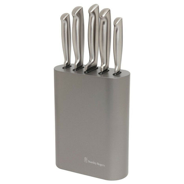 STANLEY ROGERS 6pc vertical oval metallic pewter knife block set stainless steel - Lets Party