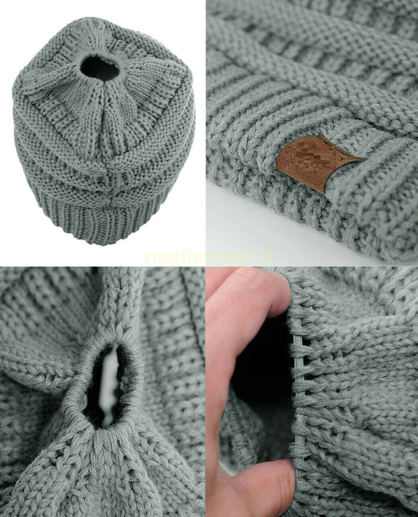 Women's Ponytail Beanie Skull Cap Winter Warm Stretch Cable Knit High Bun Hat - Lets Party