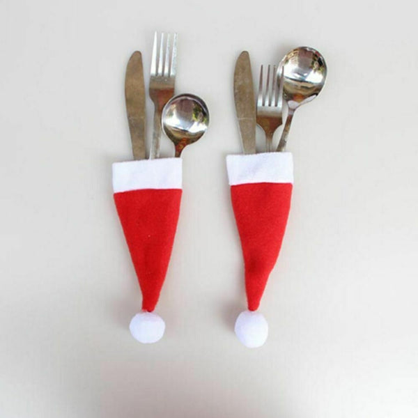 10x Red Hat Santa Claus Cutlery Christmas Knife Bag Fork Holder Xmas Decoration - Lets Party