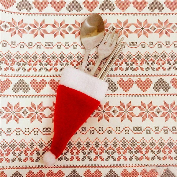 10x Red Hat Santa Claus Cutlery Christmas Knife Bag Fork Holder Xmas Decoration - Lets Party