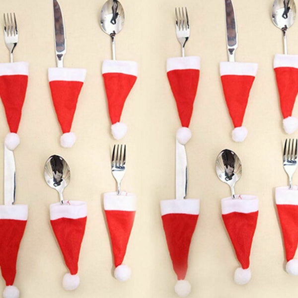10x Red Hat Santa Claus Cutlery Christmas Knife Bag Fork Holder Xmas Decoration - Lets Party