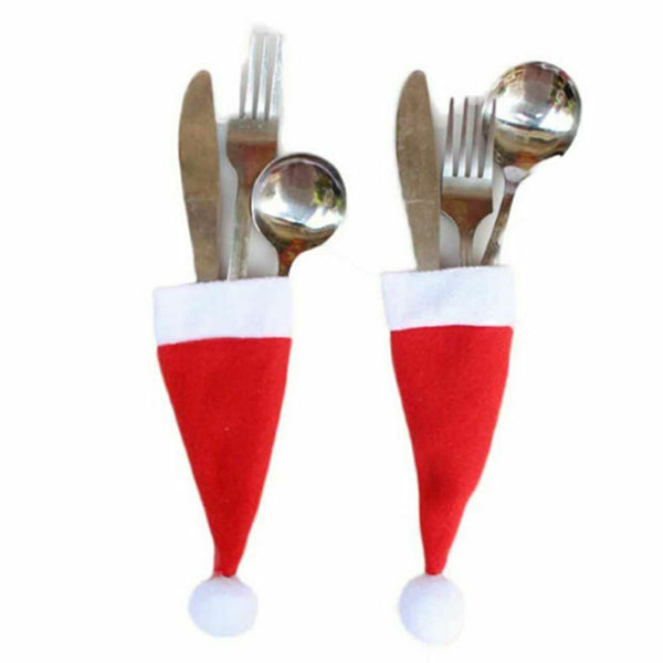 10x Red Hat Santa Claus Cutlery Christmas Knife Bag Fork Holder Xmas Decoration - Lets Party