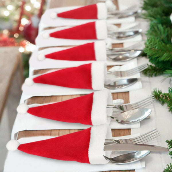 10x Red Hat Santa Claus Cutlery Christmas Knife Bag Fork Holder Xmas Decoration - Lets Party