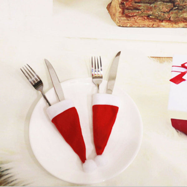 10x Red Hat Santa Claus Cutlery Christmas Knife Bag Fork Holder Xmas Decoration - Lets Party
