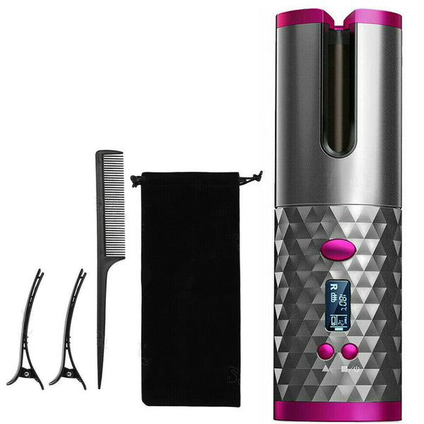 Auto Cordless Rotating Hair Curler Hair Waver Curling Iron Wireless LCD Ceramic - Lets Party