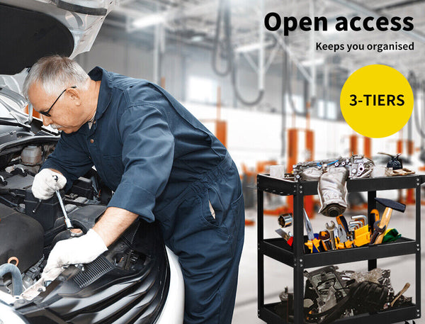 3-Tier Tool Cart Trolley Toolbox Workshop Garage Storage Organizer Black - Lets Party