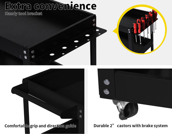 3-Tier Tool Cart Trolley Toolbox Workshop Garage Storage Organizer Black - Lets Party