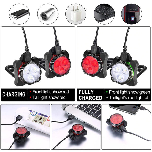 Waterproof Bicycle Bike Front Rear Tail Light Lamp USB Rechargeable Headlight AU - Lets Party