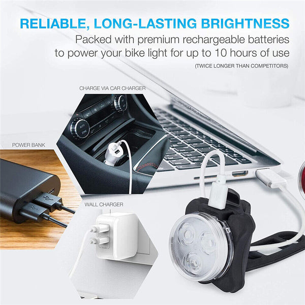 Waterproof Bicycle Bike Front Rear Tail Light Lamp USB Rechargeable Headlight AU - Lets Party