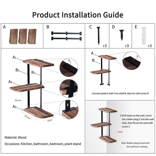 3 Tier Corner Shelf Wooden Storage Display Holder Floating Shelves Plants Rack - Lets Party