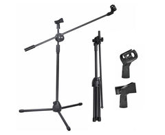 Foldable Microphone Stand Adjustable Mic Holder Tripod Two Clip Boom Fast Post