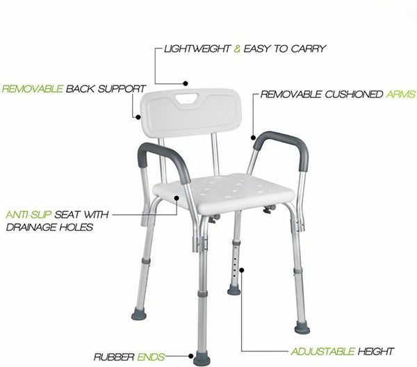Aluminum Adjustable Medical Shower Aid Chair Bathtub Bath Seat Stool Arms Back - Lets Party
