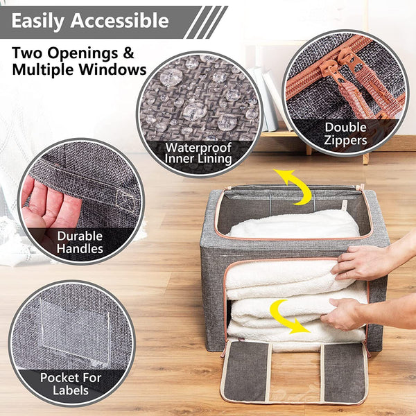 66L Large Storage Box Organizer Steel Frame for Clothes Bed Sheets Blanket - Lets Party