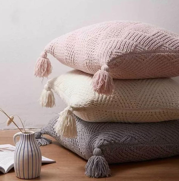 Knit Chenille Open Chevron Corner Tassel Cushion Cover Crochet Throw Pillow Case - Lets Party