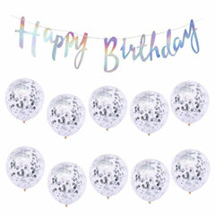 Silver Pearl Happy Birthday Banner 30cm Clear Confetti Sequins Latex Balloons Party
