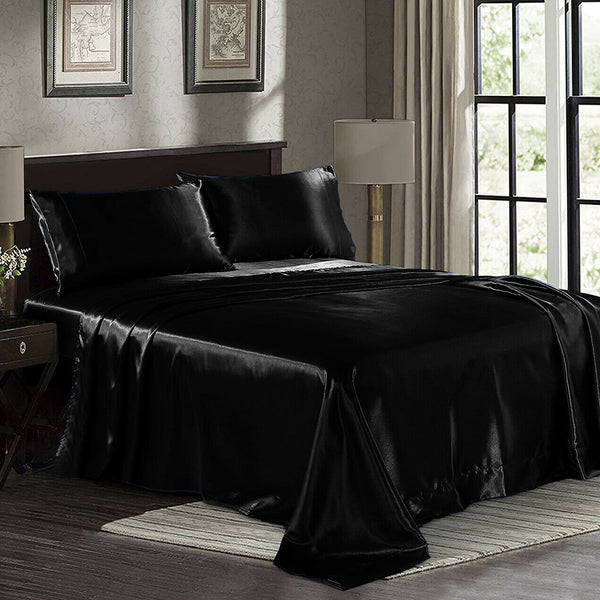 1000TC All Size Ultra SOFT Art Silk Satin Sheet Set Flat Fitted Sheet Pillowcase - Lets Party