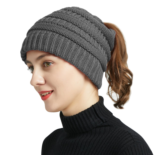 Women's Ponytail Beanie Skull Cap Winter Warm Stretch Cable Knit High Bun Hat - Lets Party