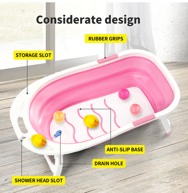 Baby Bath Tub Infant Toddlers Foldable Bathtub Folding Safety Bathing ShowerPink - Lets Party
