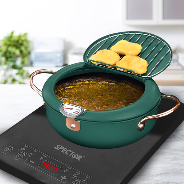 Japanese Deep Frying Pot Non-stick 24cm Tempura Fryer Pan Stainless Steel Green - Lets Party