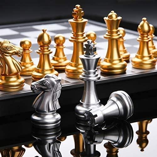 Foldable Magnetic Silver Gold Chess Box Set/Educational Board Contemporary Tool - Lets Party