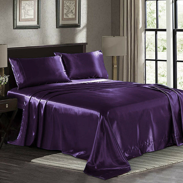 1000TC All Size Ultra SOFT Art Silk Satin Sheet Set Flat Fitted Sheet Pillowcase - Lets Party