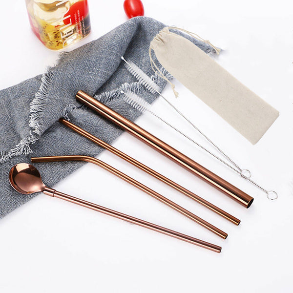 7PCS Reusable Metal Stainless Steel Straws Drinking Straw Spoon Set with Brush