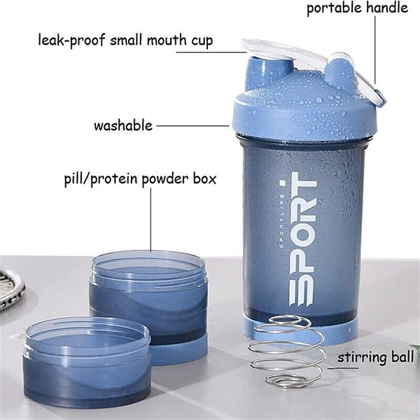 Powder Milkshake Drink Cup Sport Water bottle 500ml 3 tier Protein Shaker Pill